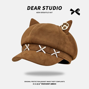 2025新款猫耳朵蝴蝶结纯色贝雷帽子女秋冬显脸小百搭八角帽画家帽