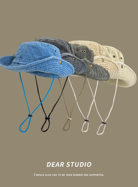 日系牛仔蓝黑色渔夫帽子男女百搭复古水洗大檐卷边春秋户外登山帽