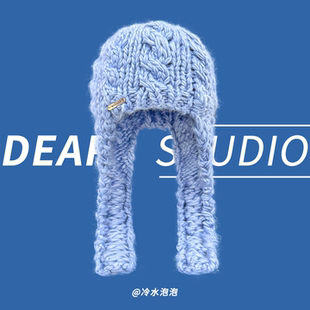 复古麻花粗针包头飞行帽子女秋冬季护耳保暖百搭针织绑带毛线帽潮