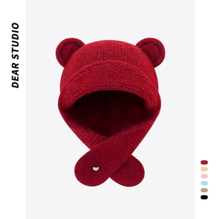 2025新款日系可爱小熊耳朵针织帽子女秋冬季保暖百搭护耳套头帽潮