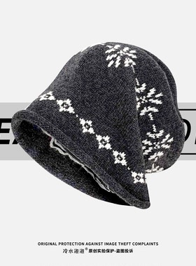 2025新款费尔岛提花堆堆帽子女秋冬季卷边氛围感包头帽显脸小冷帽