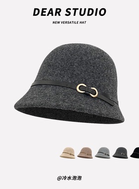 法式赫本风皮带扣羊毛渔夫帽子女秋冬季英伦千金风礼帽显脸小盆帽