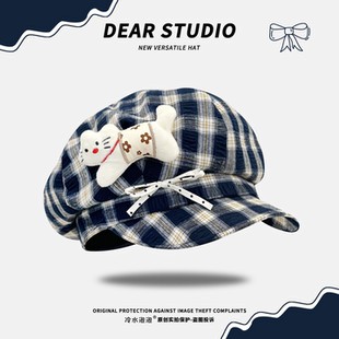 宅系小猫蝴蝶结格纹八角帽子女秋季 百搭y2k可爱显脸小贝雷帽 新款