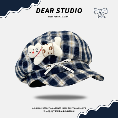 宅系小猫蝴蝶结格纹八角帽子女秋