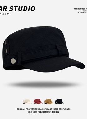 韩系复古铆钉黑色平顶帽子女早秋日常百搭大头显脸小画家帽鸭舌帽