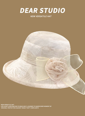 韩系复古花朵透气网纱渔夫帽女夏季出游遮阳帽子装饰造型度假礼帽