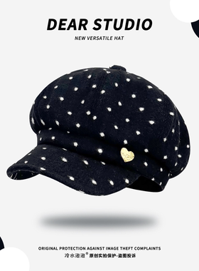 日系波点黑色毛呢贝雷帽子女秋冬复古八角帽甜美百搭显脸小画家帽