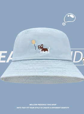 日系可爱气球小狗刺绣渔夫帽子女春夏季遮阳水桶帽百搭显脸小盆帽