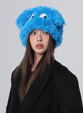 可爱卡通大眼小狗毛绒帽子女秋冬季加厚保暖百搭显脸小护耳套头帽