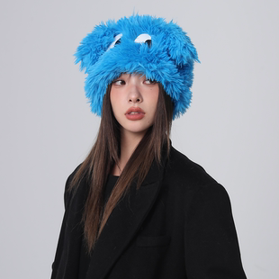 可爱卡通大眼小狗毛绒帽子女秋冬季加厚保暖百搭显脸小护耳套头帽