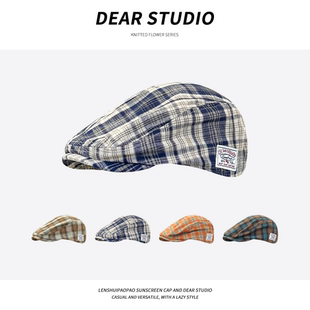 日系复古格纹前进帽子女春夏薄款街头百搭显脸小画家帽报童帽男潮