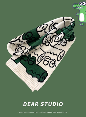 日系可爱搞怪小鳄鱼短款针织围巾女秋冬季学生保暖百搭情侣围脖潮