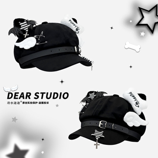 原创毛绒猫耳八角帽子女秋冬季可爱甜酷小翅膀骨头亚文化贝雷帽潮