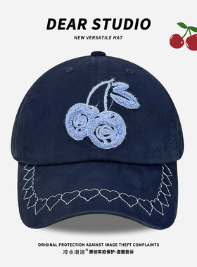 日系可爱樱桃刺绣棒球帽子女宽檐甜美百搭显脸小遮阳防晒鸭舌帽