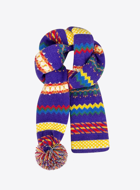 多巴胺紫色提花毛球围巾女秋冬彩色条纹可爱保暖百搭短款针织围脖