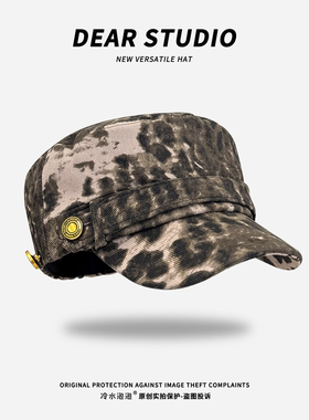 复古豹纹朋克金属扣马术帽女秋季百搭显脸小贝雷帽时髦辣妹平顶帽