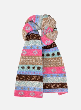 复古费尔岛羊毛混纺条纹提花围巾女秋冬季加厚保暖高级感针织围脖