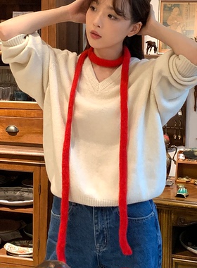 韩版设计感毛毛虫毛线针织围巾女辣妹时尚出片显气质长条百搭围脖