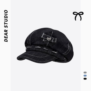 日系水洗牛仔蝴蝶结贝雷帽子女春夏街头复古个性 百搭显脸小八角帽