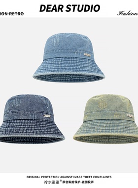 蓝色水洗牛仔渔夫帽子女2026新款日系百搭显脸小盆帽遮阳防晒帽潮