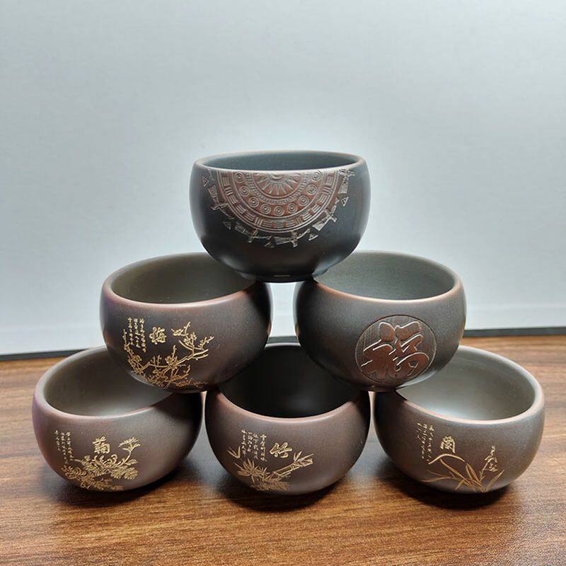 钦州坭兴陶茶杯中式紫泥浮雕手工雕刻竹花兰花福字多款套装茶具