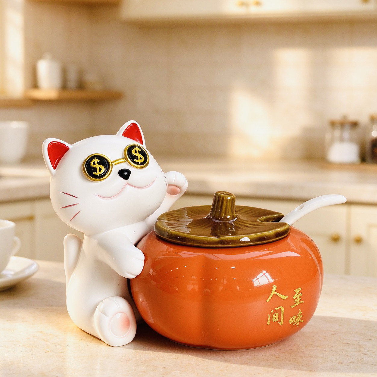 招财猫柿子陶瓷调味罐带盖带勺