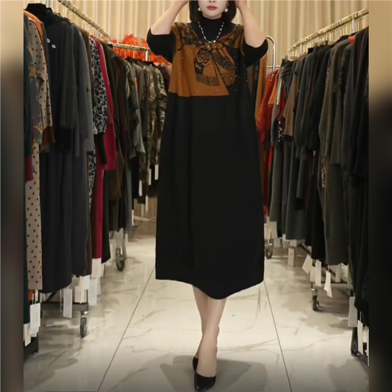 2026黑棕撞色秋冬氛围感烫钻花纹显瘦时尚连衣裙宽松,女装/女士精品,连衣裙,淘宝优惠券,粉丝福利购,淘宝优惠卷