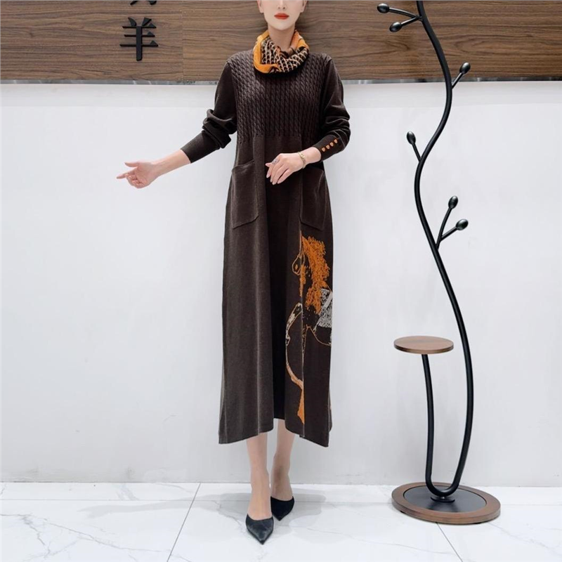 玥玥羊A297咖色丝巾立体提花设计款气质秋冬轻奢针织连衣裙时尚,女装/女士精品,连衣裙,淘宝优惠券,粉丝福利购,淘宝优惠卷