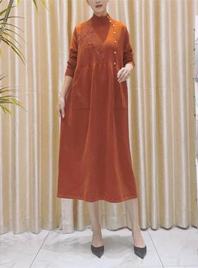 A189橙色设计元素款气质秋冬轻奢针织连衣裙时尚复古