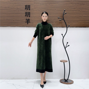 A356黑绿色时尚 轻奢针织连衣裙休闲百搭 气质秋冬长款