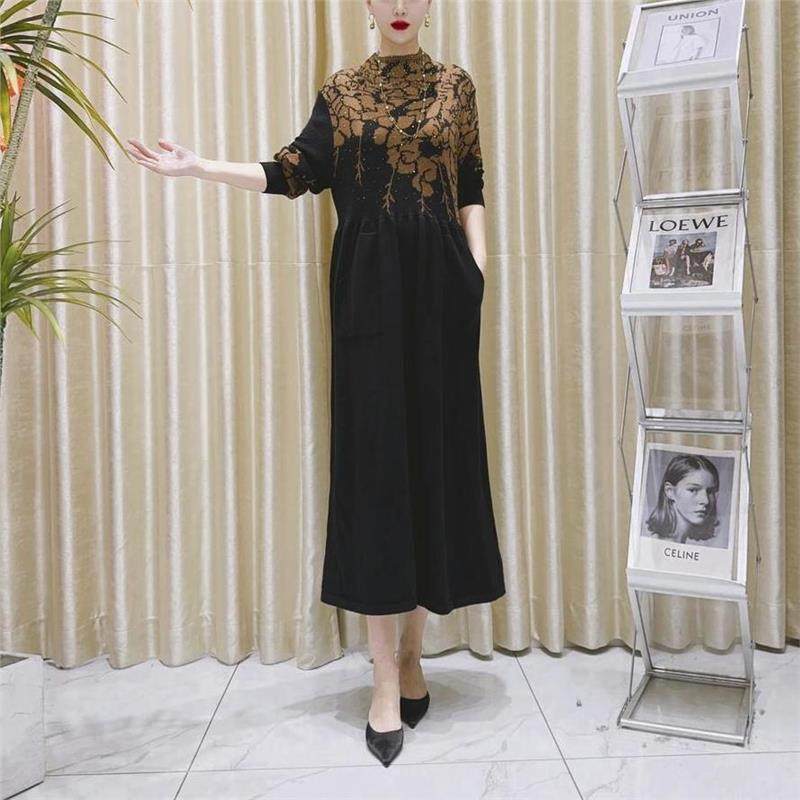 2025年秋冬季黑黄提花设计款气质秋冬轻奢针织连衣裙时尚,女装/女士精品,连衣裙,淘宝优惠券,粉丝福利购,淘宝优惠卷