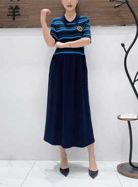 A524蓝条针织连衣裙收腰显瘦设计师优雅时尚气质复古夏季