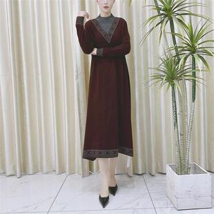 9891波尔多红提花设计款 羊毛气质秋冬轻奢针织连衣裙时尚