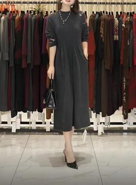 玥玥羊A143灰色立体织花设计款气质秋冬轻奢针织连衣裙时尚复古