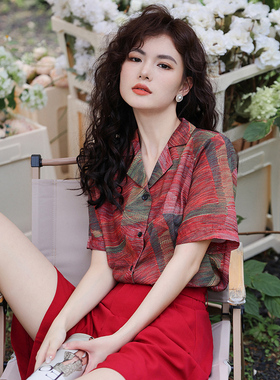 vintage古着感港风印花衬衫女夏宽松短袖衬衣复古设计感小众上衣