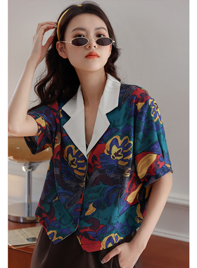 原创独家港风复古女油画花衬衫夏季宽松印花设计感小众短袖衬衣