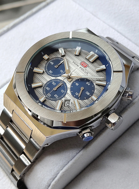 MINIFOCUS 新款轻奢商务男士手表多功能大表盘高级夜光钢带石英表