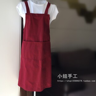 双肩背带帆布围裙纯酒红色美容店理发师会所美甲超市服务员工作女