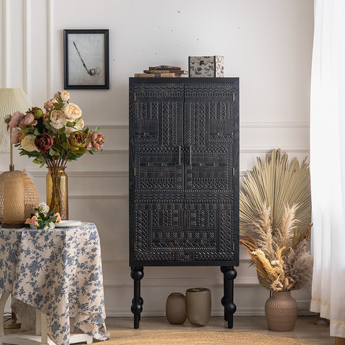 乐奇复古实木高脚柜玄关柜雕花