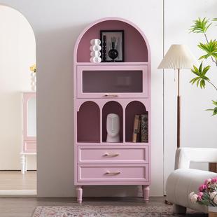 奶油风拱形书柜展示柜落地置物柜法式 儿童房玩具收纳柜客厅粉酒柜