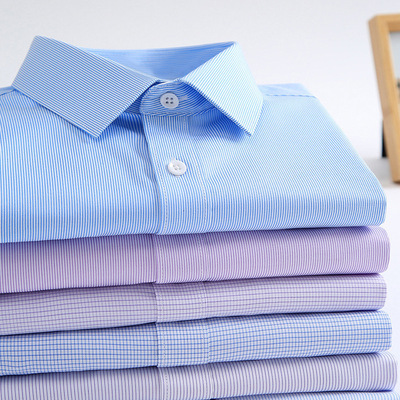 Third Feel男短袖薄款条纹衬衫商务免烫抗皱男格子微弹修身衬衣