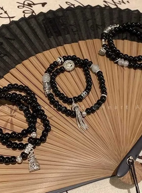 新中式山鬼花钱黑色串珠手女新国风黑曜石手串手饰