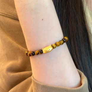 足金法棍猫黄金手链可爱小猫咪转运珠虎眼石手串送女友七夕节礼物