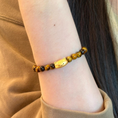 足金法棍猫黄金手链可爱小猫咪转运珠虎眼石手串送女友七夕节礼物