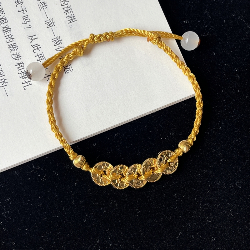 黄金五帝钱币手链足金爆闪5G碎碎冰钱多多编织手绳送女友节日礼物