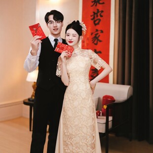 朱雀记香槟色旗袍敬酒服新娘孕妇订婚礼服裙女遮肚子回门大码胖mm