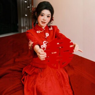 朱雀记酒红色敬酒服新款新娘小个子新中式订婚套装回门礼服长袖冬