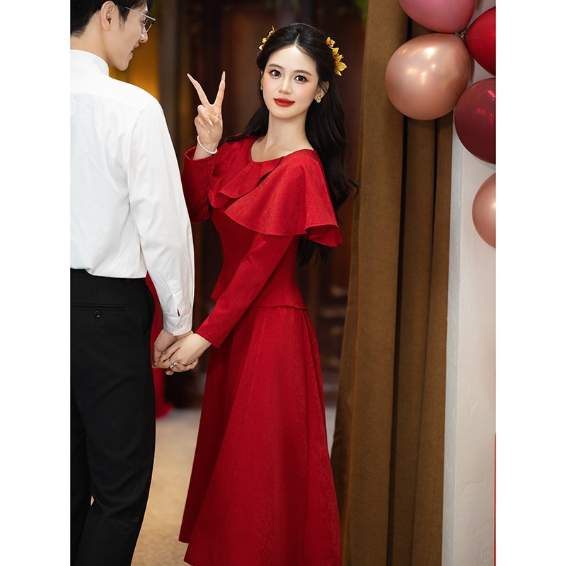 朱雀记红色披肩敬酒服新娘套装新中式订婚礼服裙结婚回门便装长袖