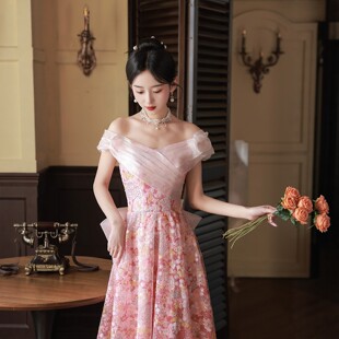 朱雀记一字肩显瘦桃花粉晚礼服高端轻奢独唱礼服订婚领证连衣裙