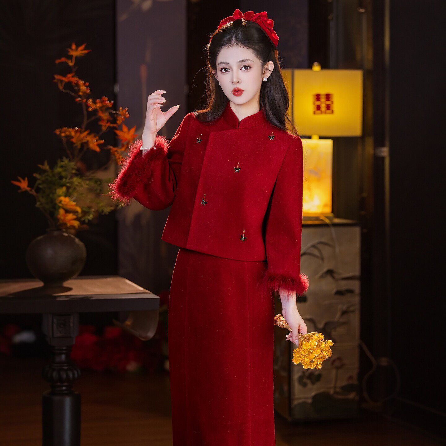 朱雀记新中式敬酒服毛呢长袖新娘订婚礼服高端轻奢小众冬装出阁冬